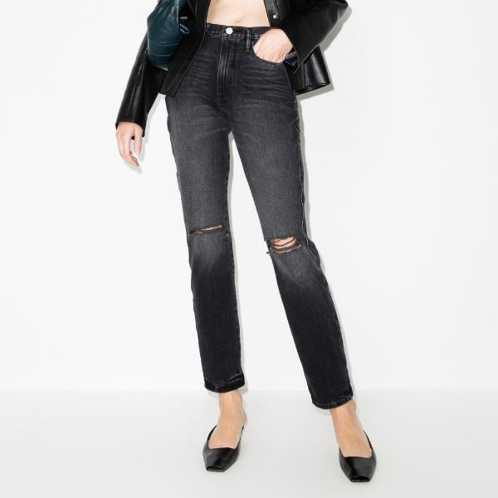 NWT FRAME Classic Le Sylvie Distressed Straight-Leg Black Jeans, Size 32
